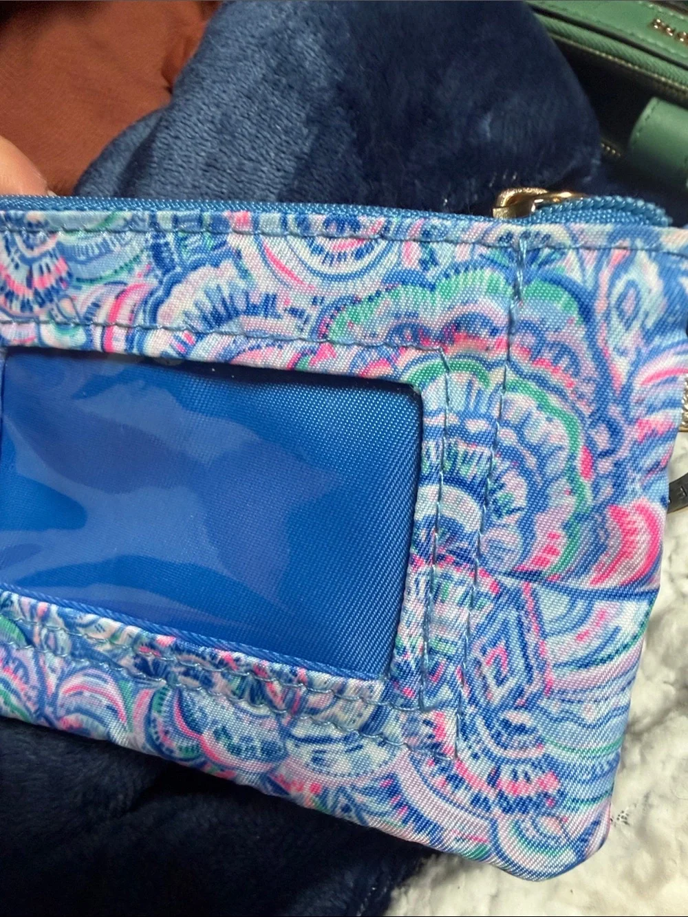 Lilly Pulitzer Blue Multicolor Shell-Print Cosmetic Wristlet with Gold Trim